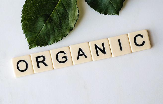 Paradise Fruits Blog Scrabble-Steine, die auf einem Tisch das Wort "organic" bilden.