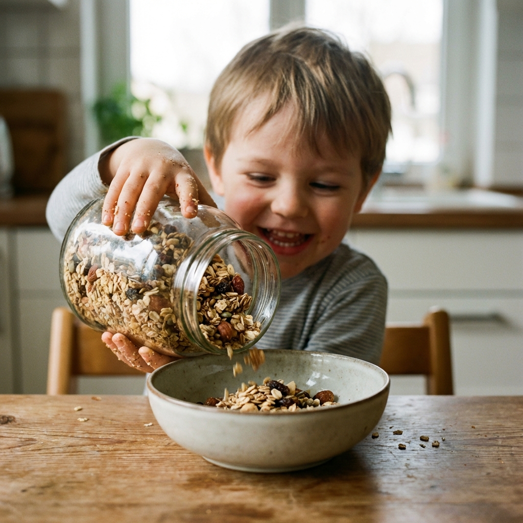 ein kleiner Junge schüttet lachend etwas Müsli in eine Schale