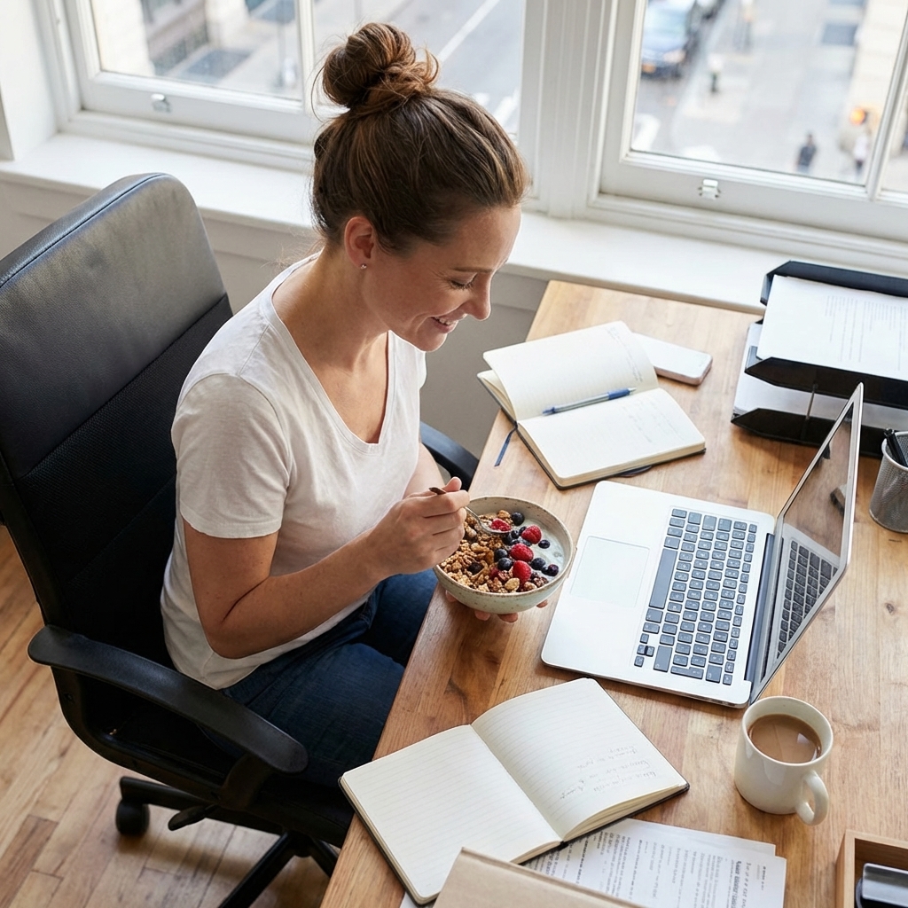 Eine Junge Frau sitzt am Schreibtisch vor dem Laptop und isst eine Schale Müsli